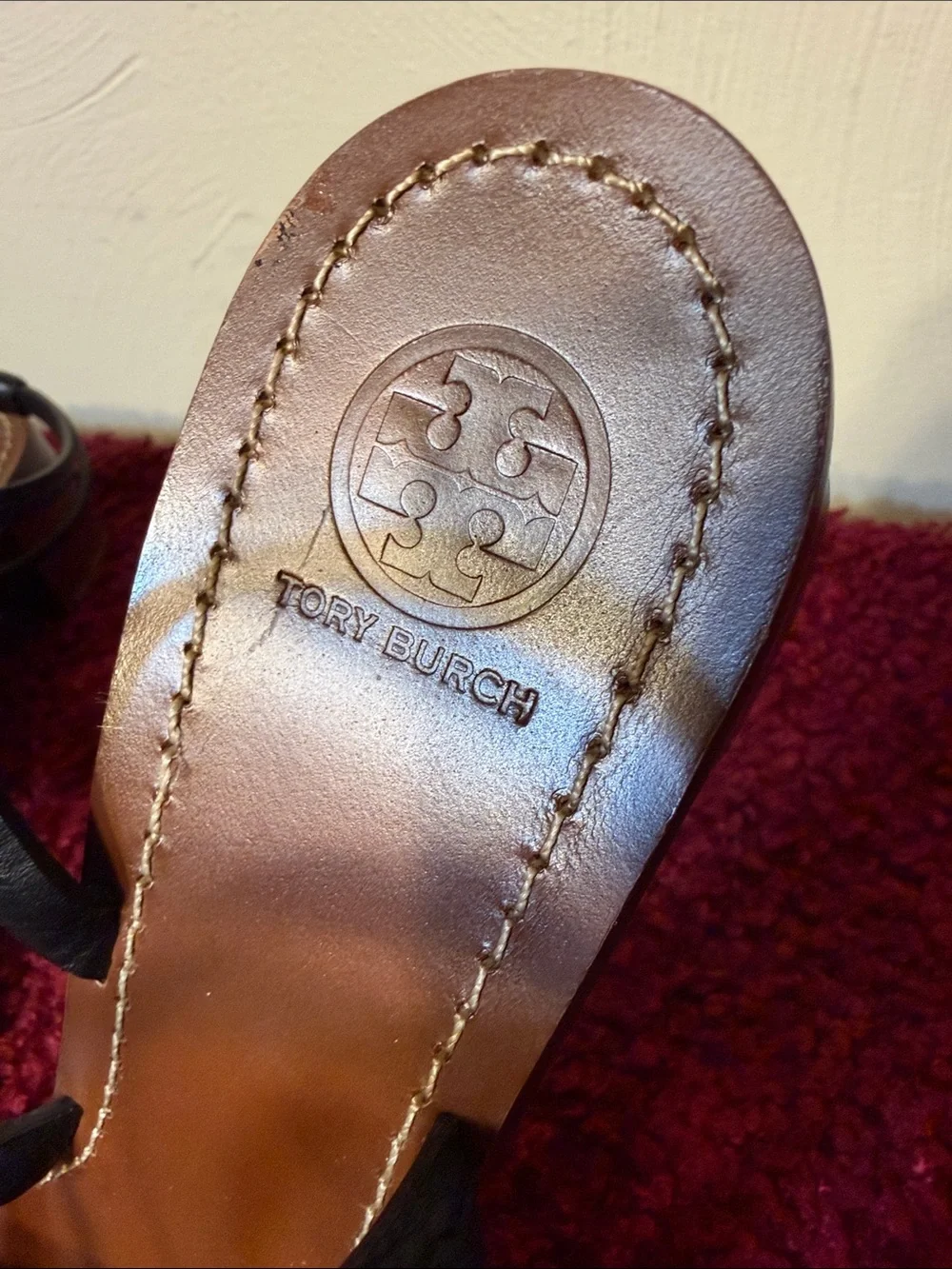 Tory Burch Black Leather T-Strap Phoebe Logo sandal Block Heel Sandals size 10